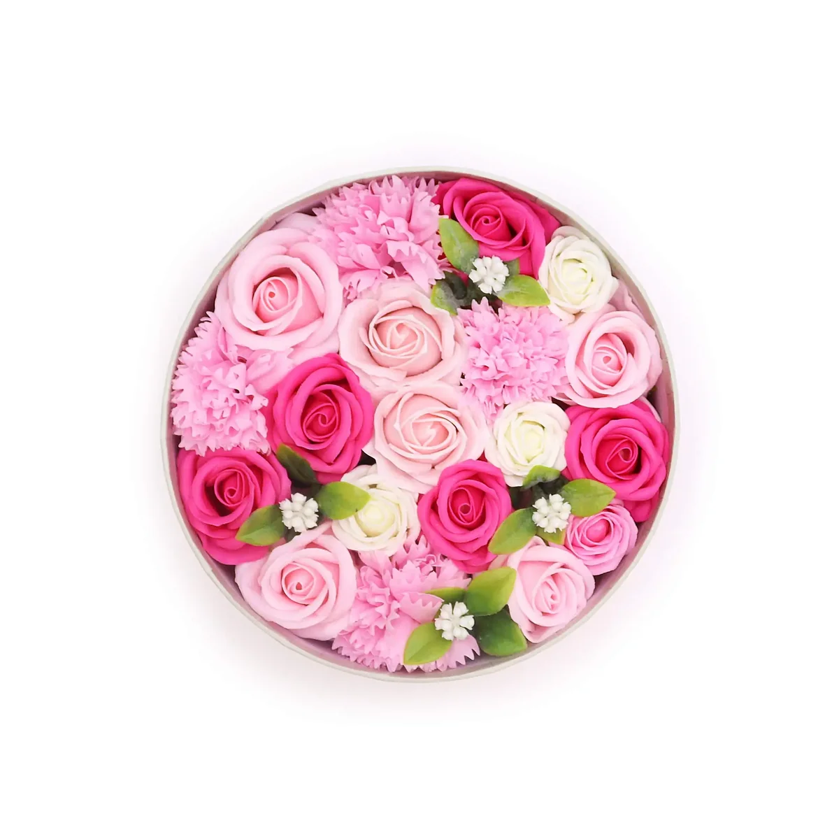 Pink round storage box with baby blessings design suitable for storing baby items or keepsakes