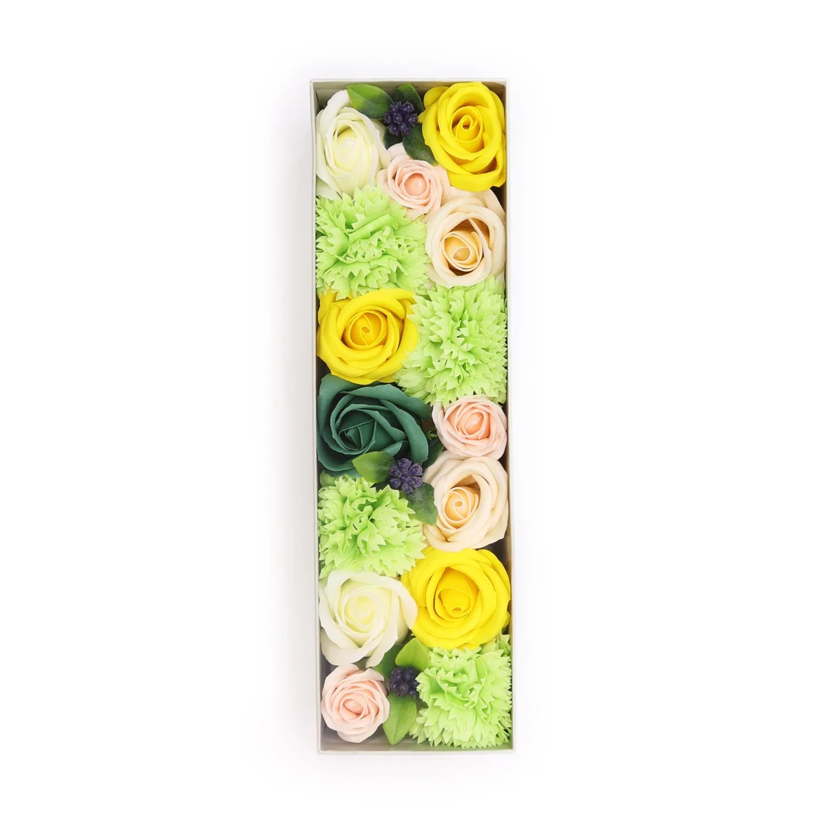 Spring long box decorated in yellow and green colors with a festive spring celebrations theme