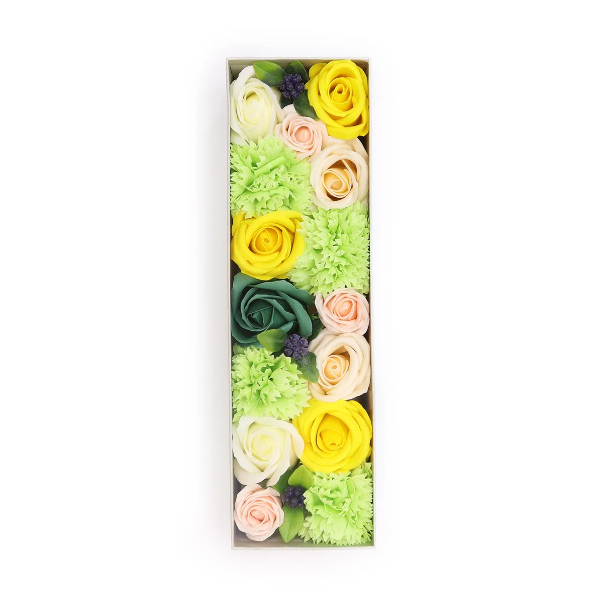 Long yellow green box with spring celebrations design featuring floral and leafy patterns