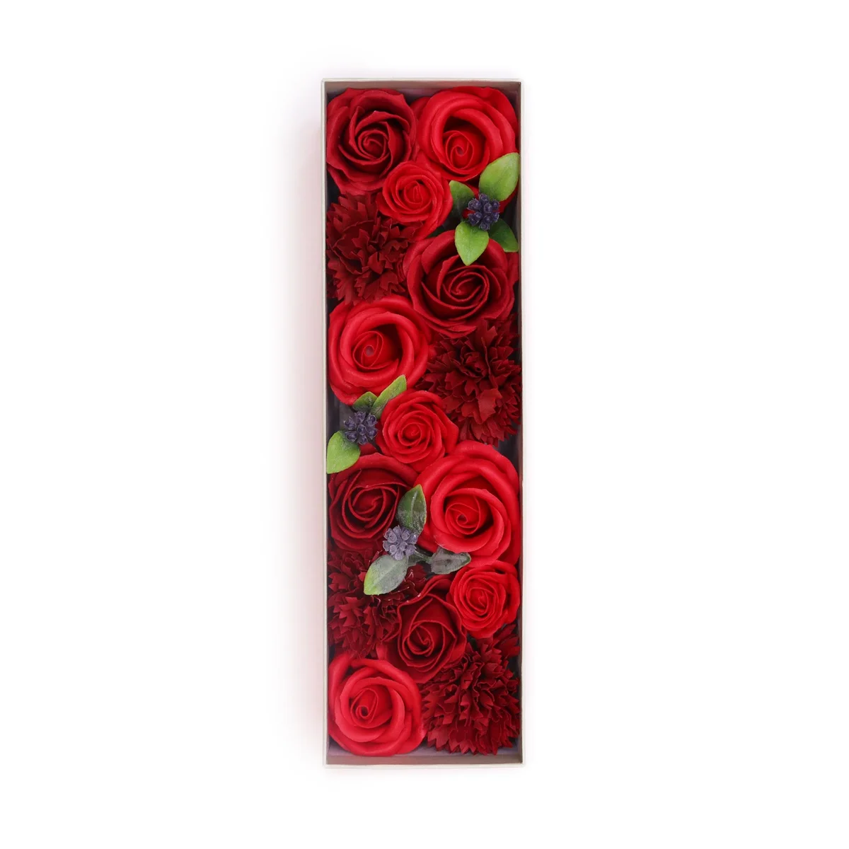 Long red rectangular box adorned with classic decorative box design featuring vibrant red roses on the lid