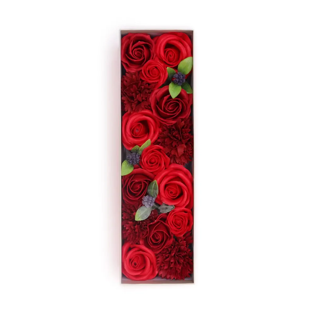 Long storage box decorated with classic red roses design, shown from a side angle on a white background