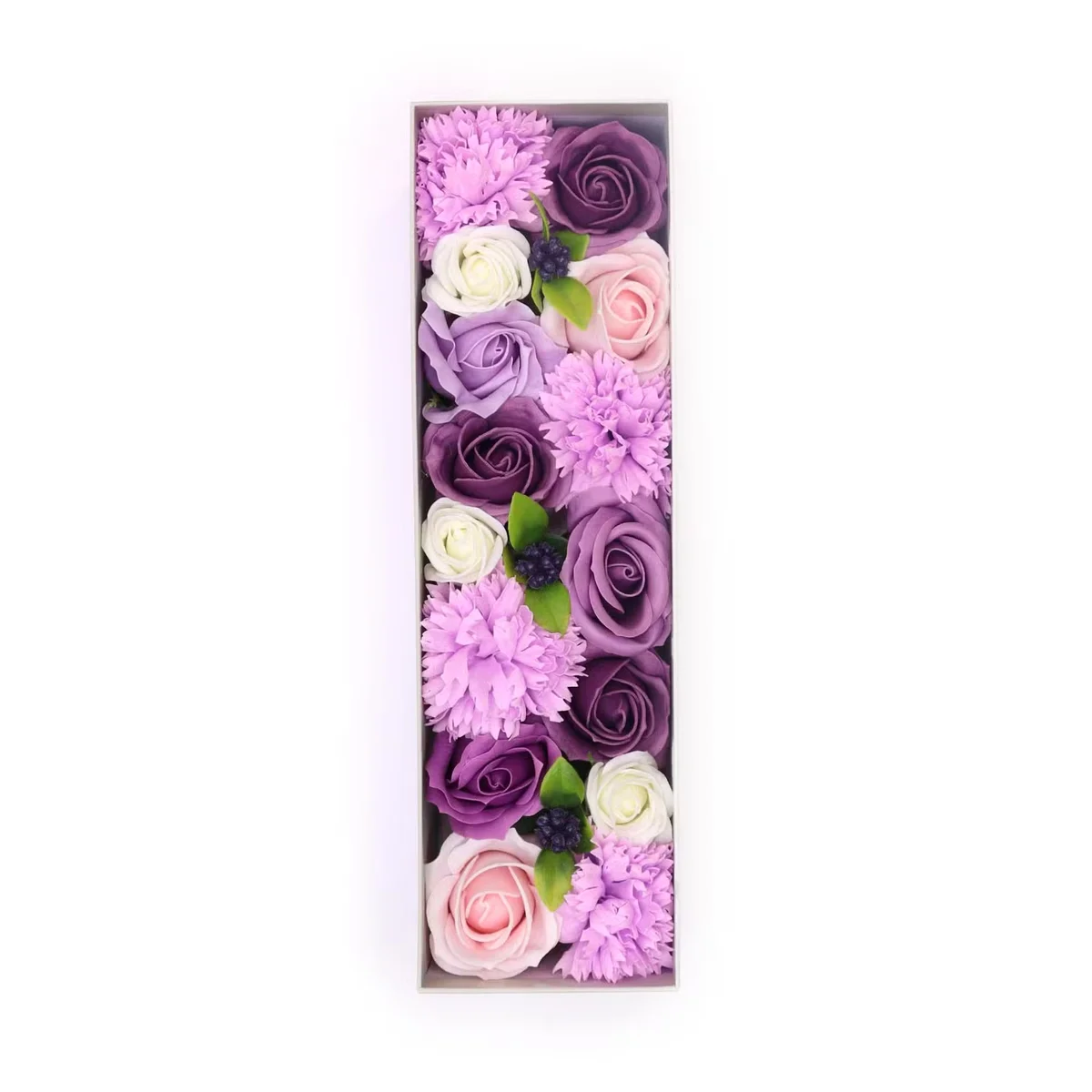 Long box featuring lavender rose and carnation flowers, perfect carnation lavender gift box arrangement
