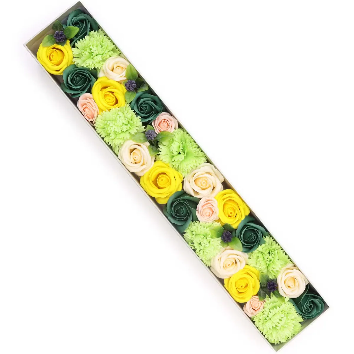 Extra long decorative storage box in yellow and green tones with spring celebrations design, shown from side angle