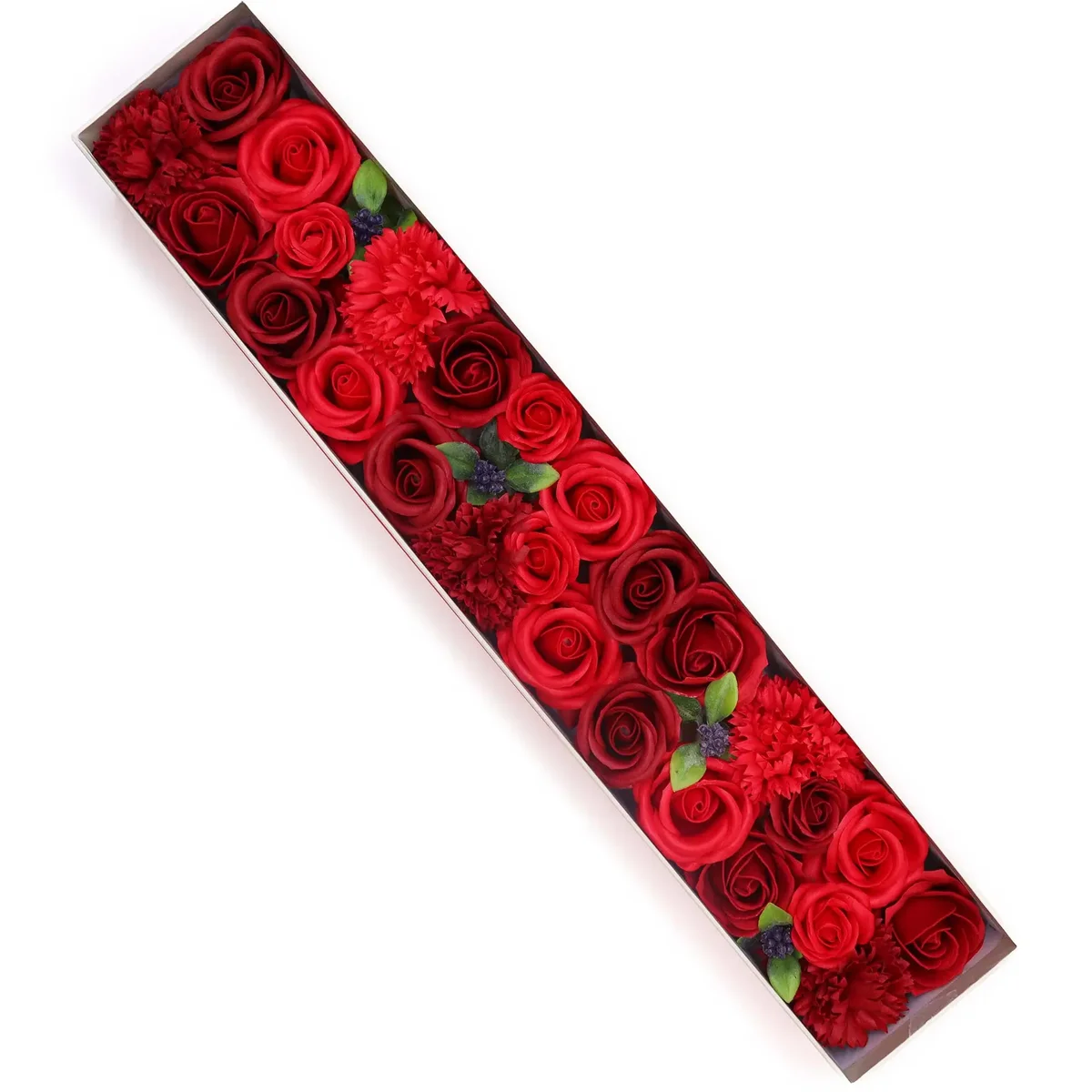 Extra long bouquet of classic red roses with lush green leaves arranged closely together