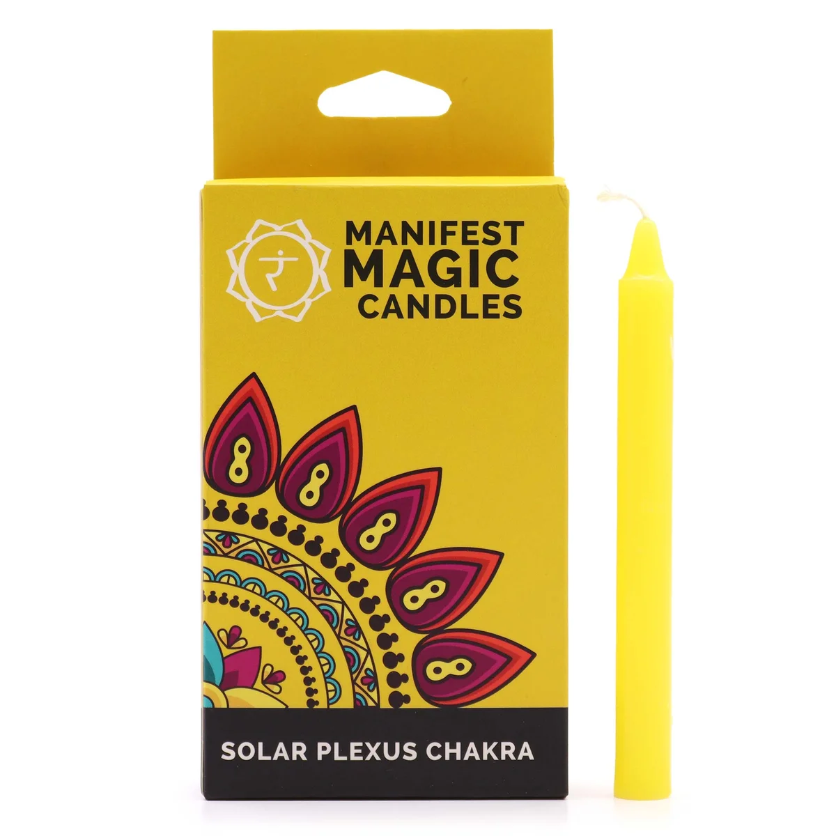 Pack of twelve bright yellow candles arranged in a stack, labeled Manifest Magic, highlighting solar plexus candles theme.