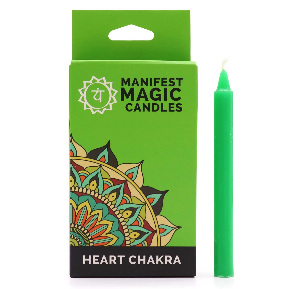 12 green heart‑chakra themed manifest magic candles displayed in a neat pack.