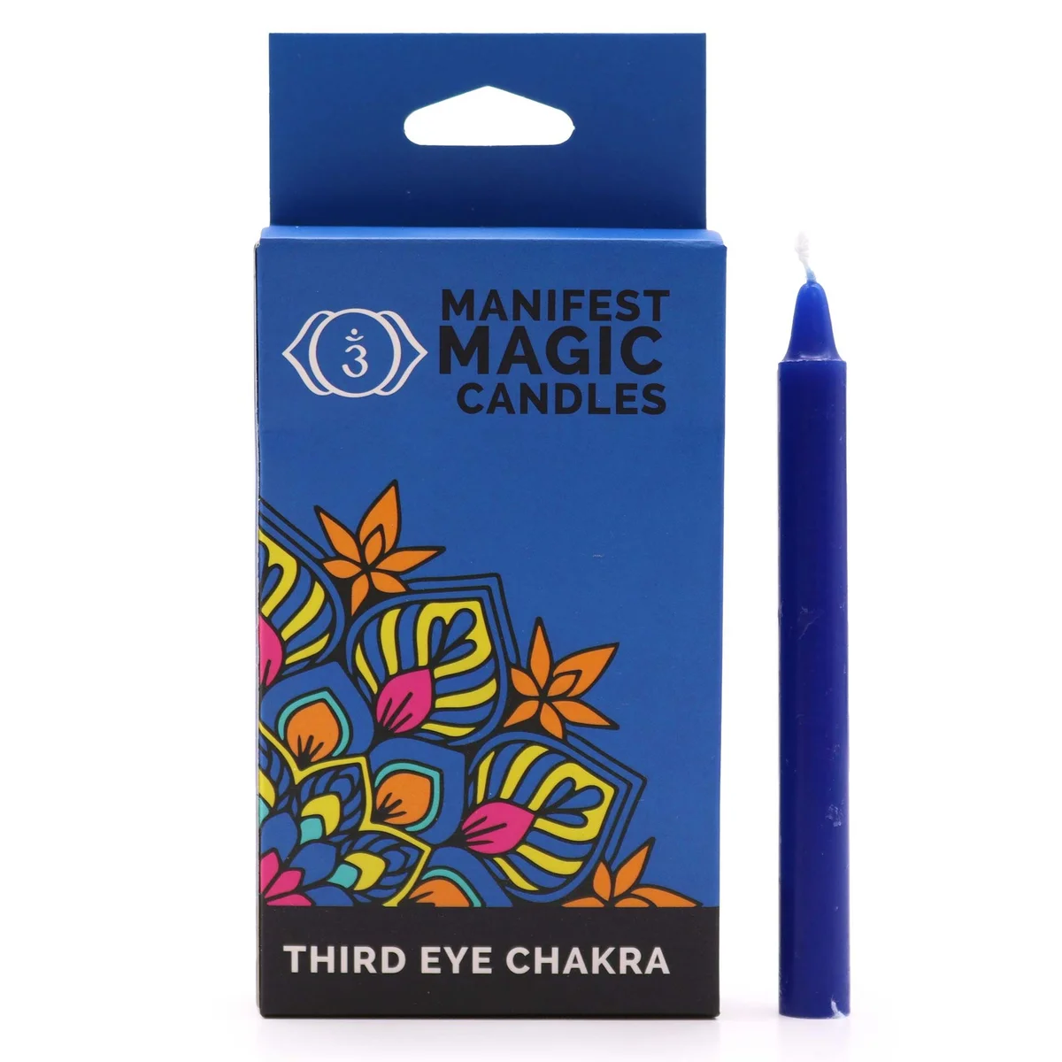 12 indigo manifest magic candles with third eye chakra design, arranged for sale