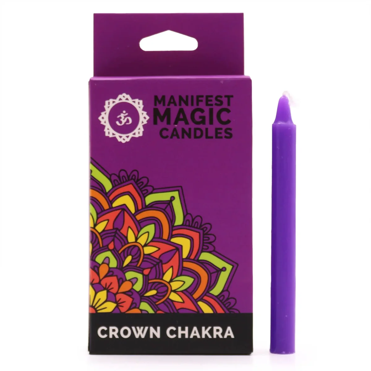 Violet candles pack of 12 displayed on a plain background, each candle printed with a crown chakra symbol.