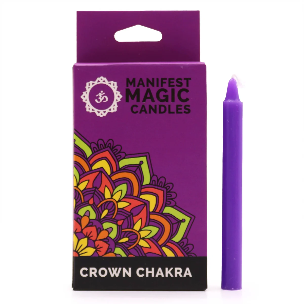 Pack of 12 violet crown chakra candles – a stylish set of spiritual décor.