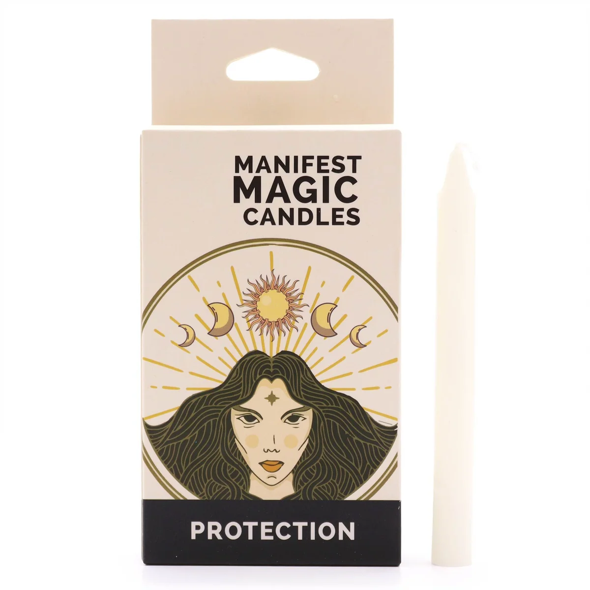 12 ivory Manifest Magic Candles in a white tin, arranged neatly with a subtle glow