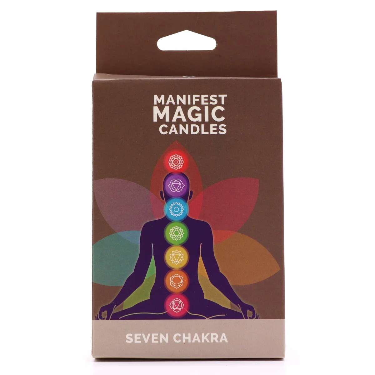 Seven crystal‑clear candles arranged in a set, known as Seven Charkra Manifest Candles, a spiritual candles set