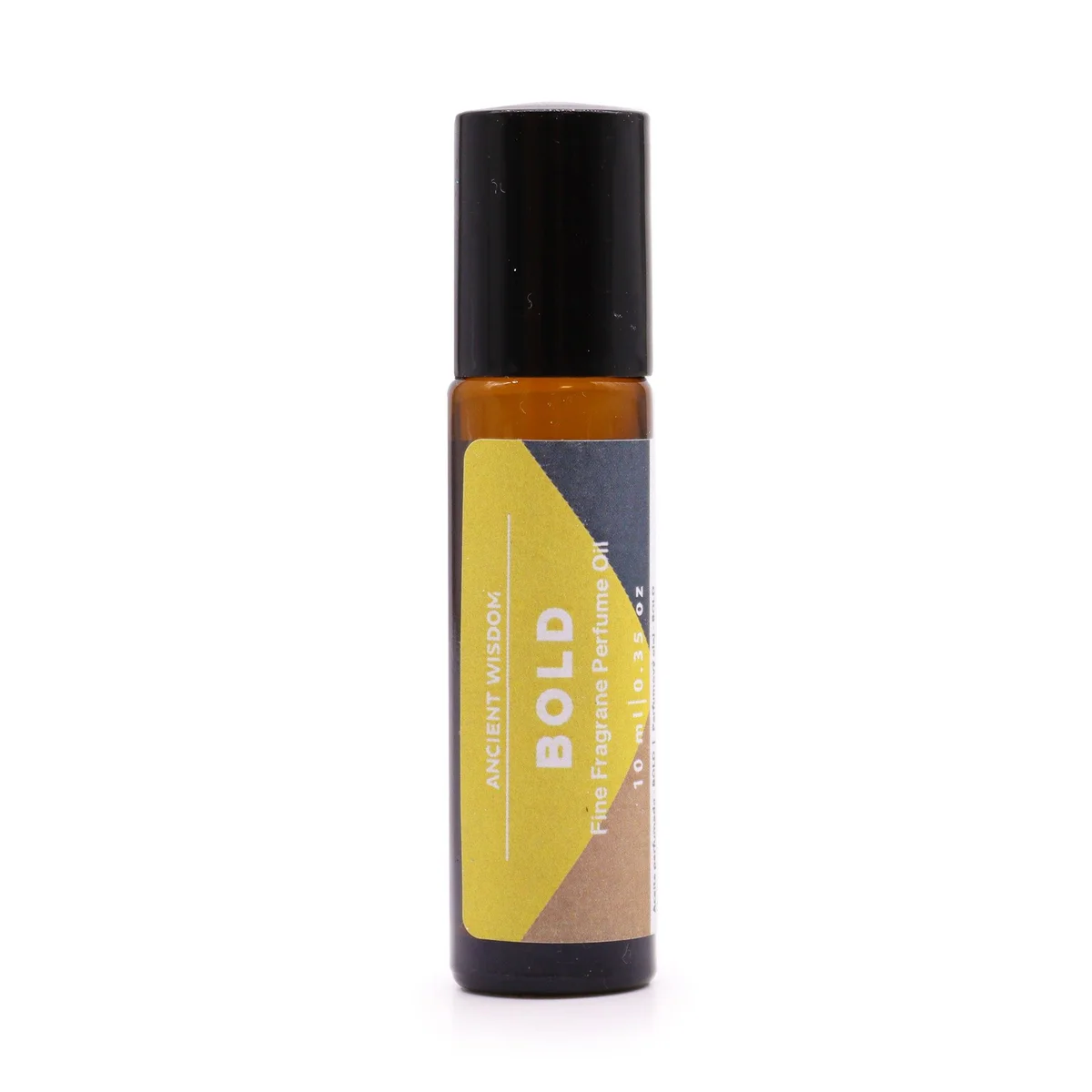 Fine fragrance perfume oil bottle: clear glass 10 ml, bold label.