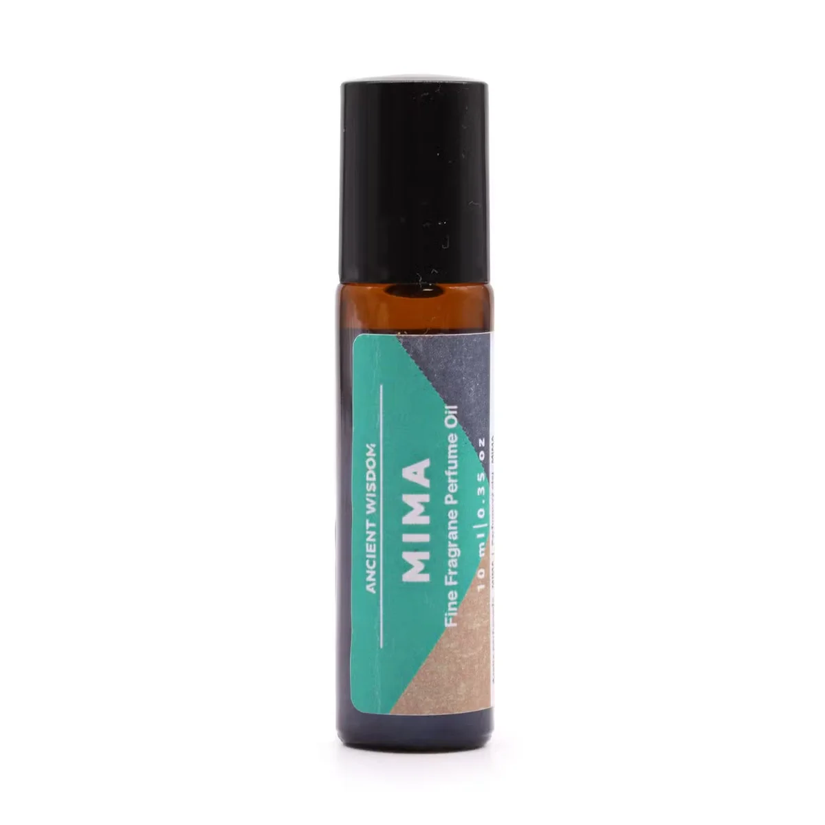 10ml perfume oil bottle in clear glass with silver cap, labeled Mima Fine Fragrance, contains natural fragrance oil
