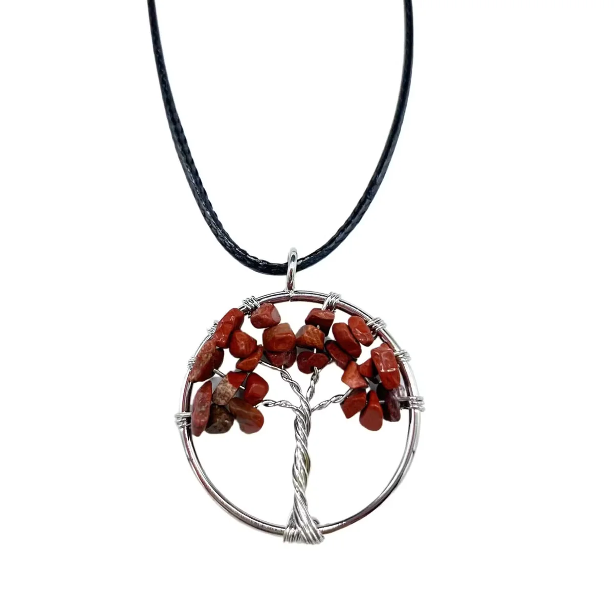 Stylish gemstone jewellery featuring a red jasper tree of life pendant with leaf motif