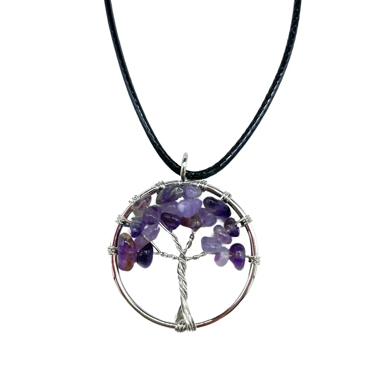 Tree of Life pendant necklace with a dark amethyst stone.