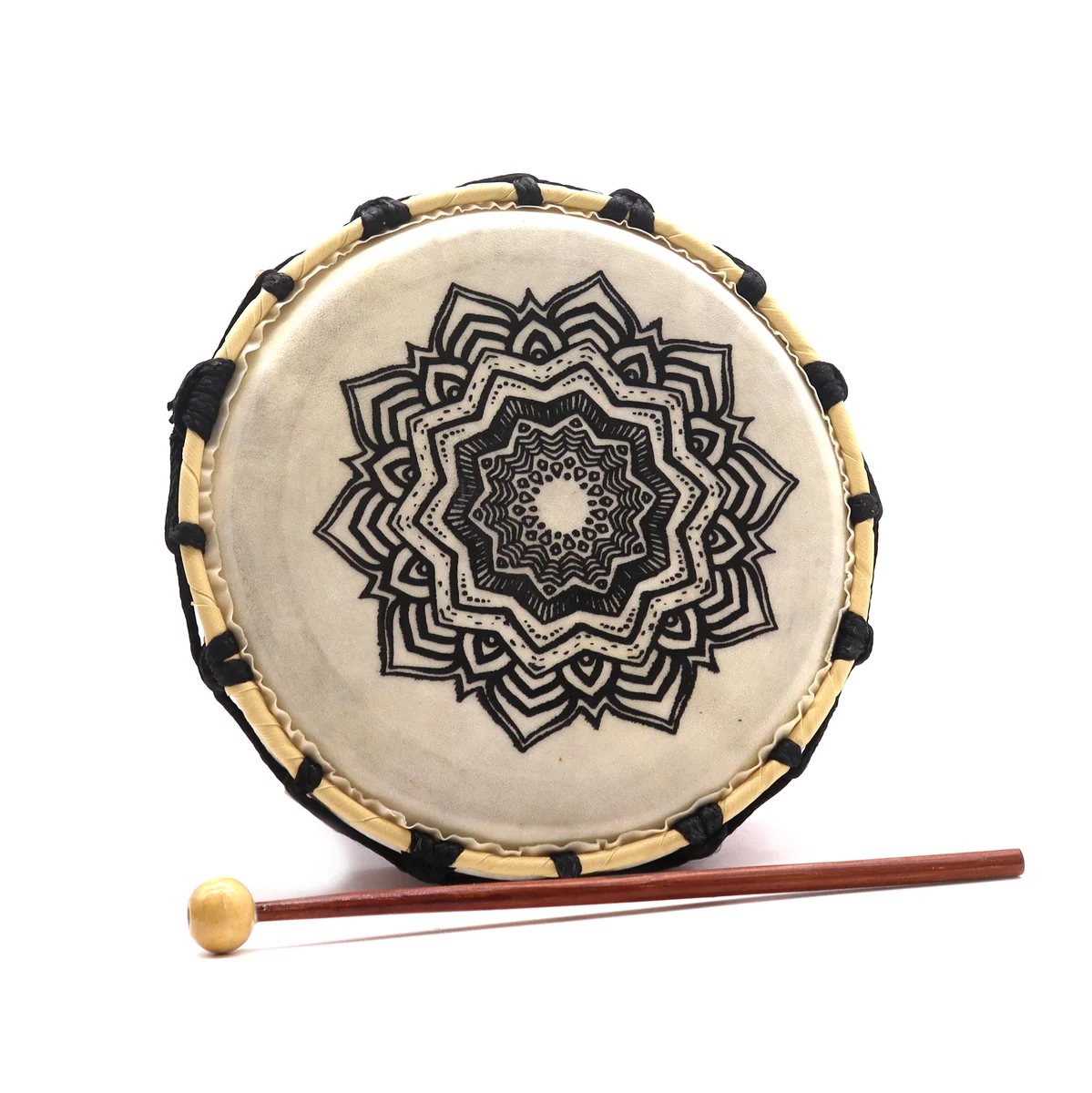 Round 20cm mandala drum with intricate geometric pattern on a wooden body
