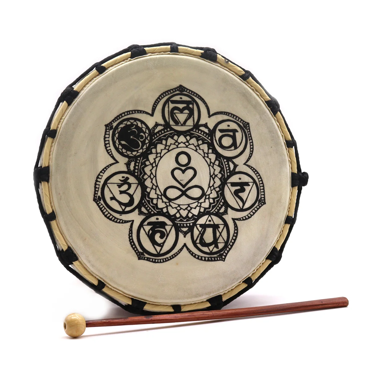 25cm chakra handheld shamanic drum with two matching sticks on a wooden surface