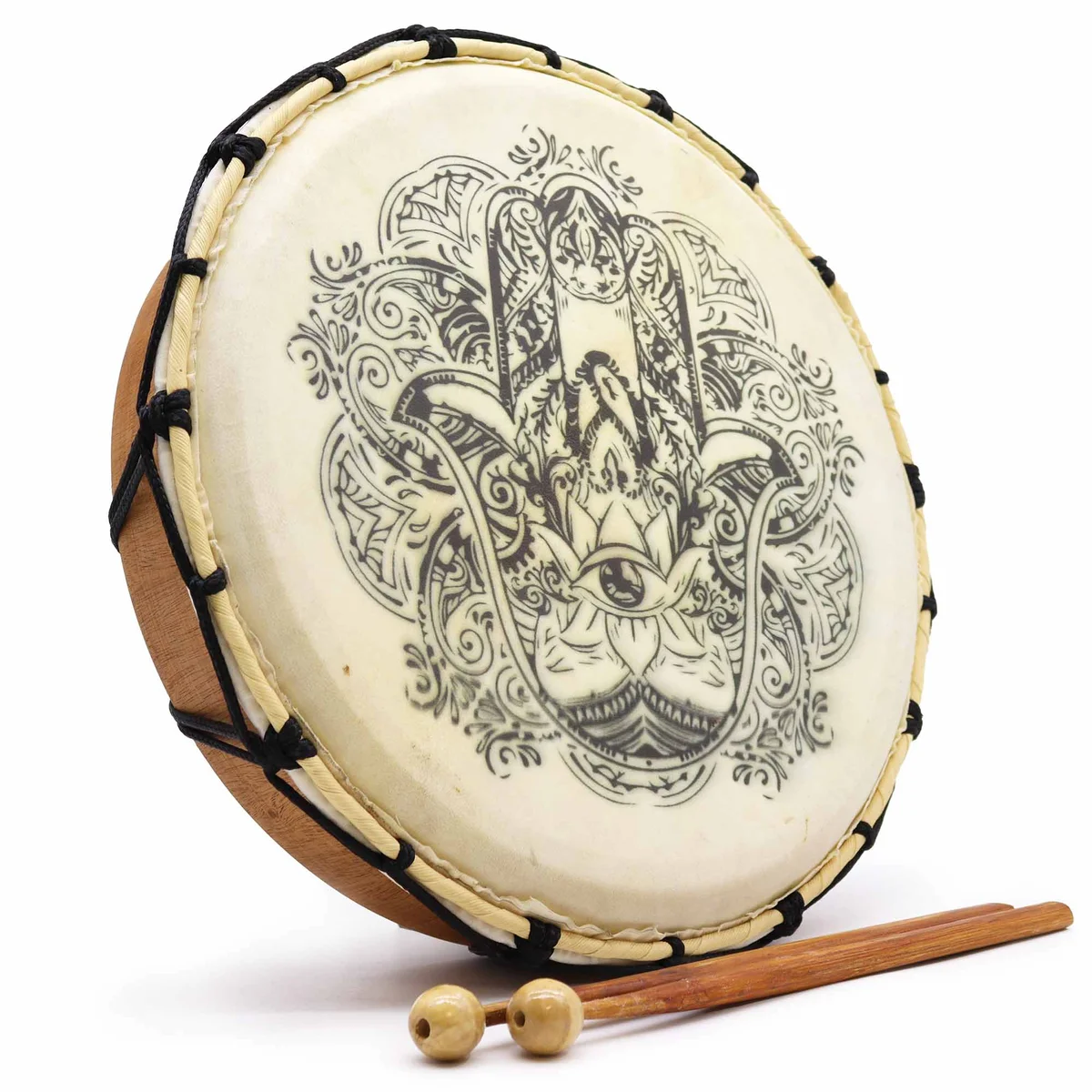 30cm Hamsa shamanic drum with sticks shown with two sticks.