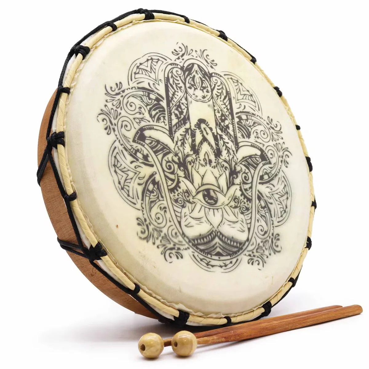 hamsa drum, 30cm shamanic drum with two wooden sticks displayed on a wooden surface
