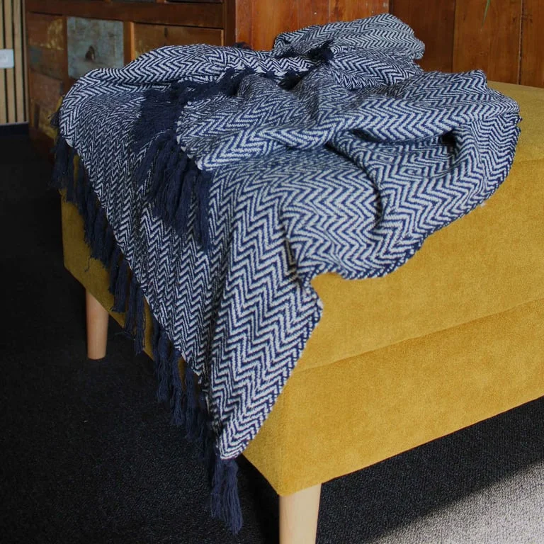 Navy zigzag boho comfort throw blanket, cozy and stylish, perfect for comfortable home throws.