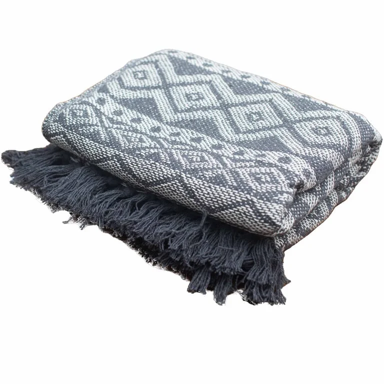Grey geometric patterned throw laid on a neutral background.