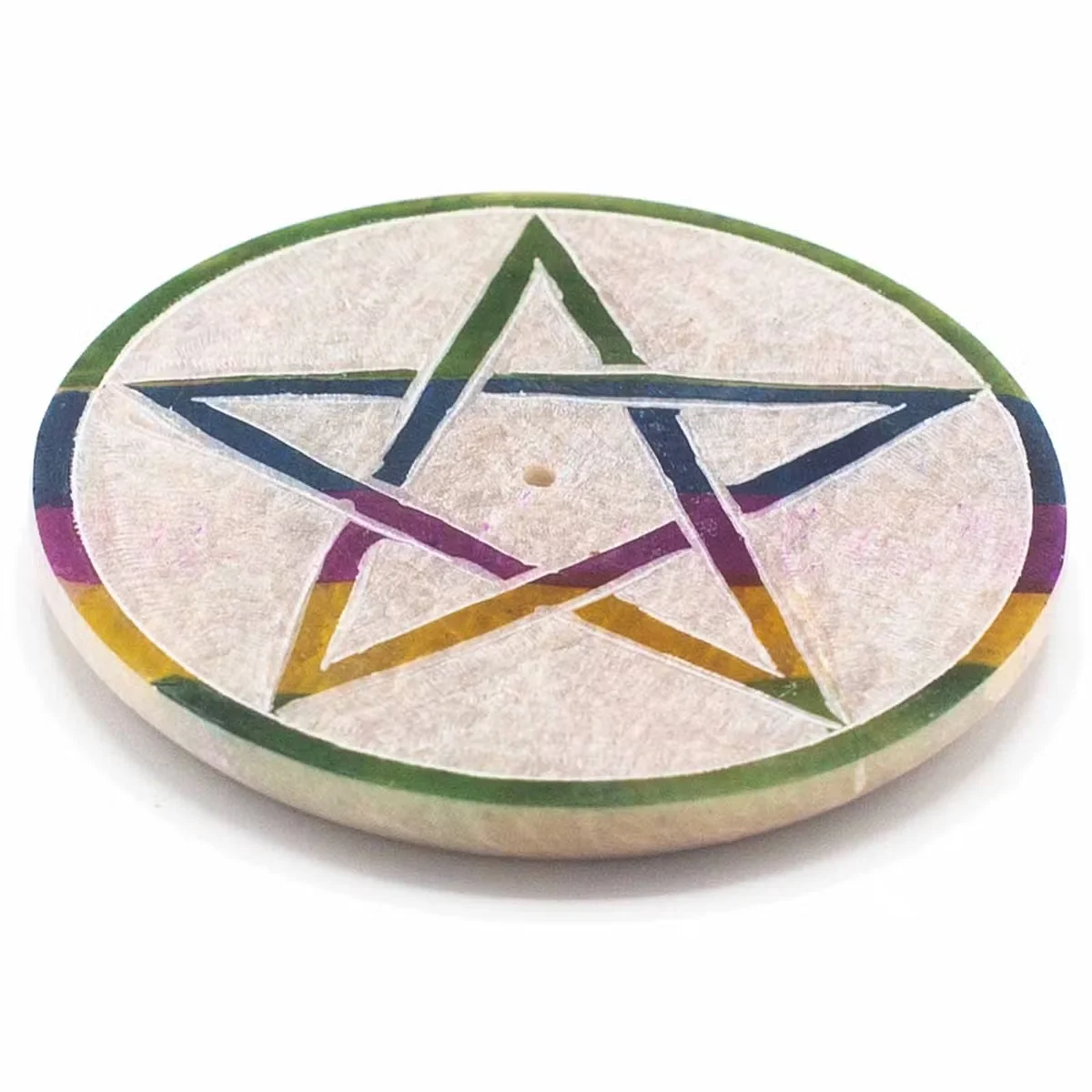 Soapstone pentagon-shaped disc incense holder, 8cm in diameter
