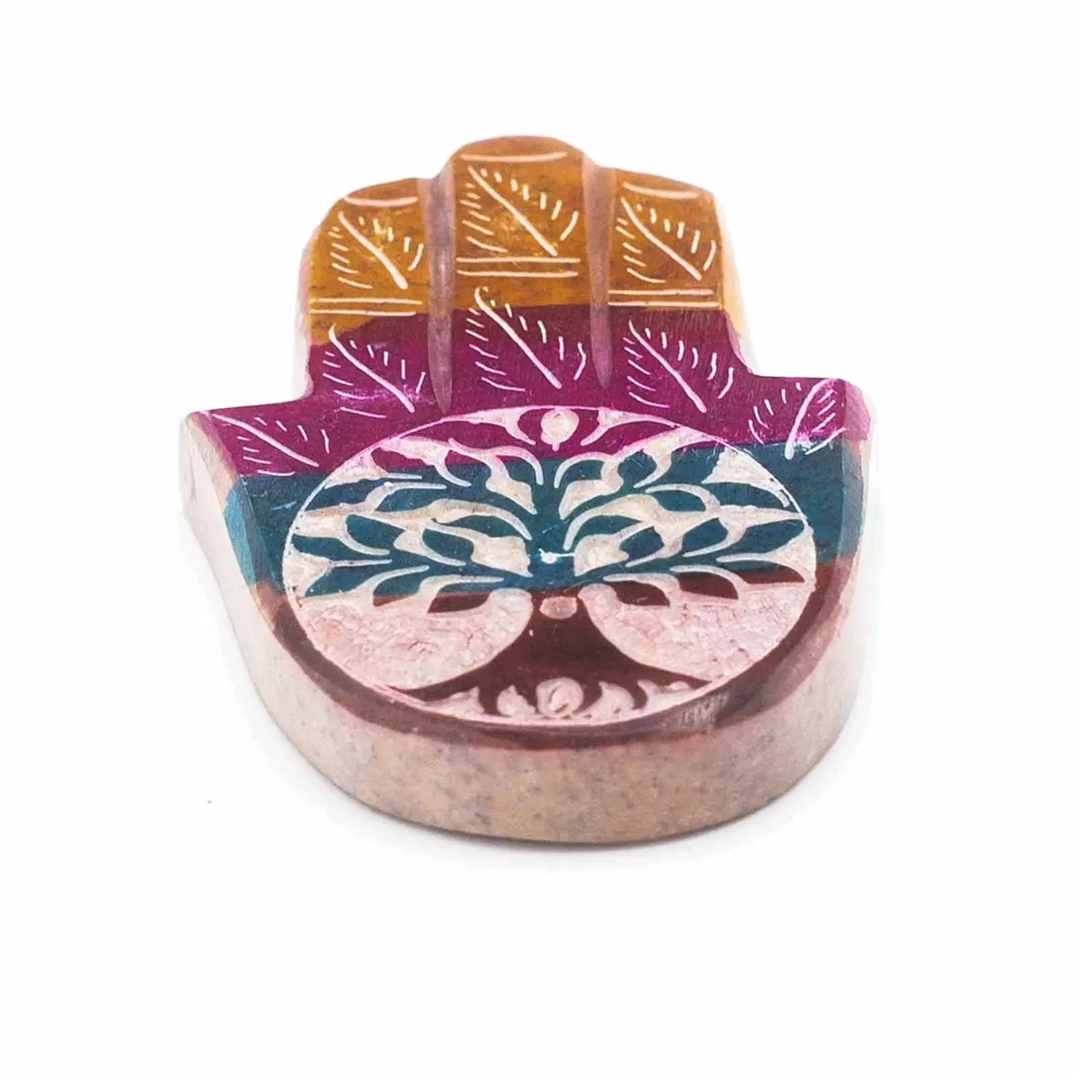 Soapstone Hamsa incense holder with tree of life design, 9x6cm.