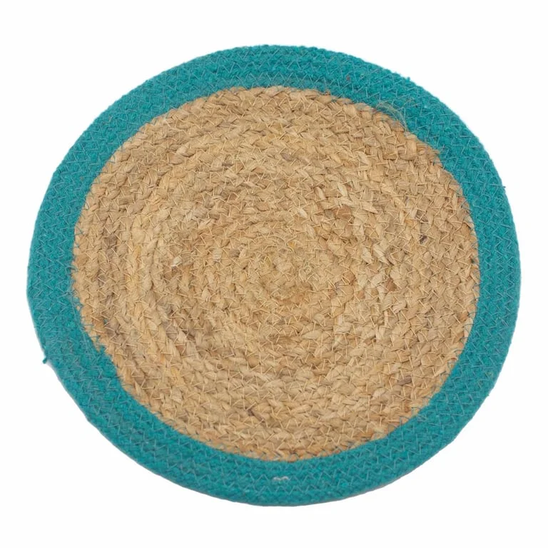 Natural place mat made of jute and cotton, 30cm with a teal border.