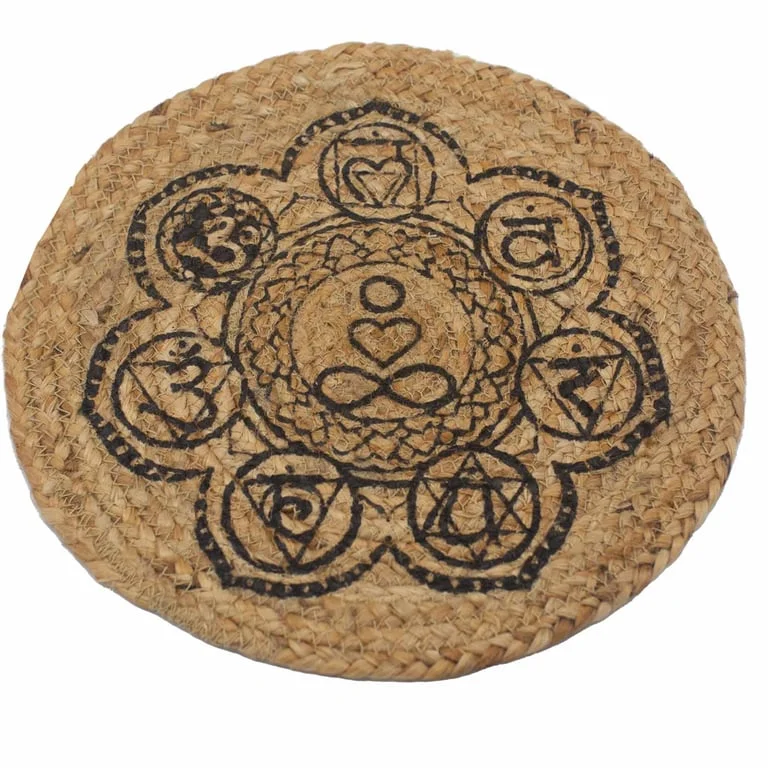 Natural jute place mat with chakra design, 30cm square