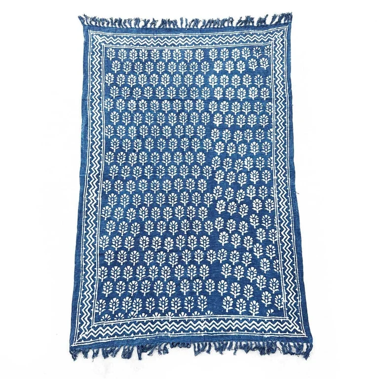 Handmade indigo throw 170x120cm featuring embroidered Chhota Flower design