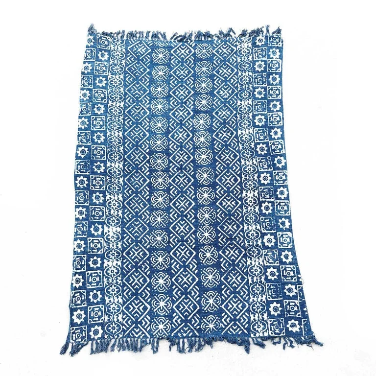 Handmade indigo throw blanket with Desi stripes, about 170x120cm, large cosy blanket.