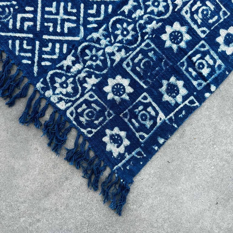 Handmade indigo throw featuring desi stripes throw, measuring 170x120cm, displayed flat with a traditional pattern.