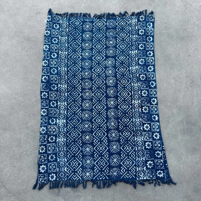 handmade throw 170x120cm in indigo featuring desi stripes on a fabric background
