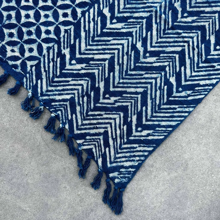 Handmade indigo throw with waves pattern, 170x120cm throw