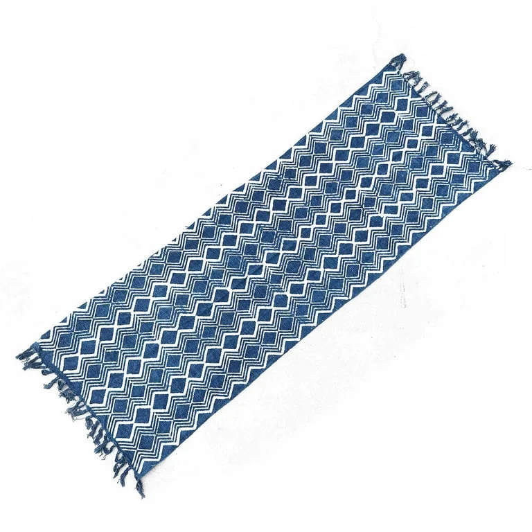 Handmade indigo table runner, 170x60cm, Heerak pattern.