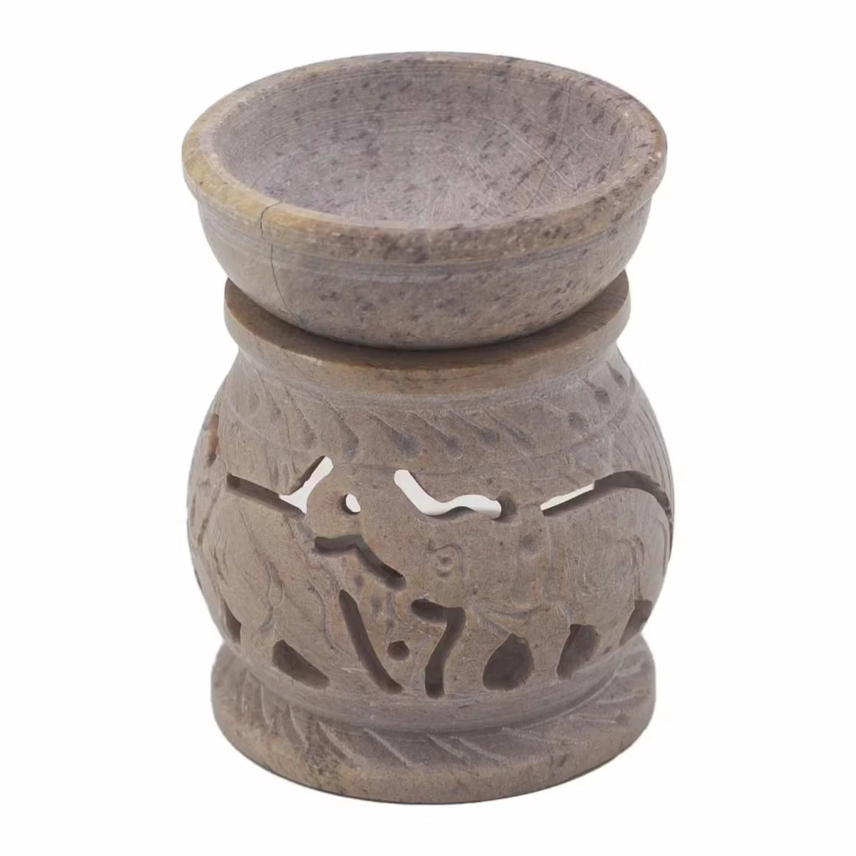 Soapstone elephant-shaped oil burner, 8 cm tall, polished soapstone candle holder.