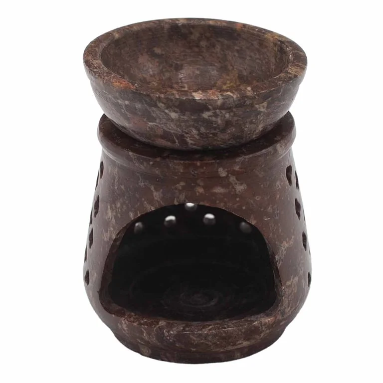 Classic 8cm oil burner made of soapstone, close‑up view of the low‑profile ceramic burner.