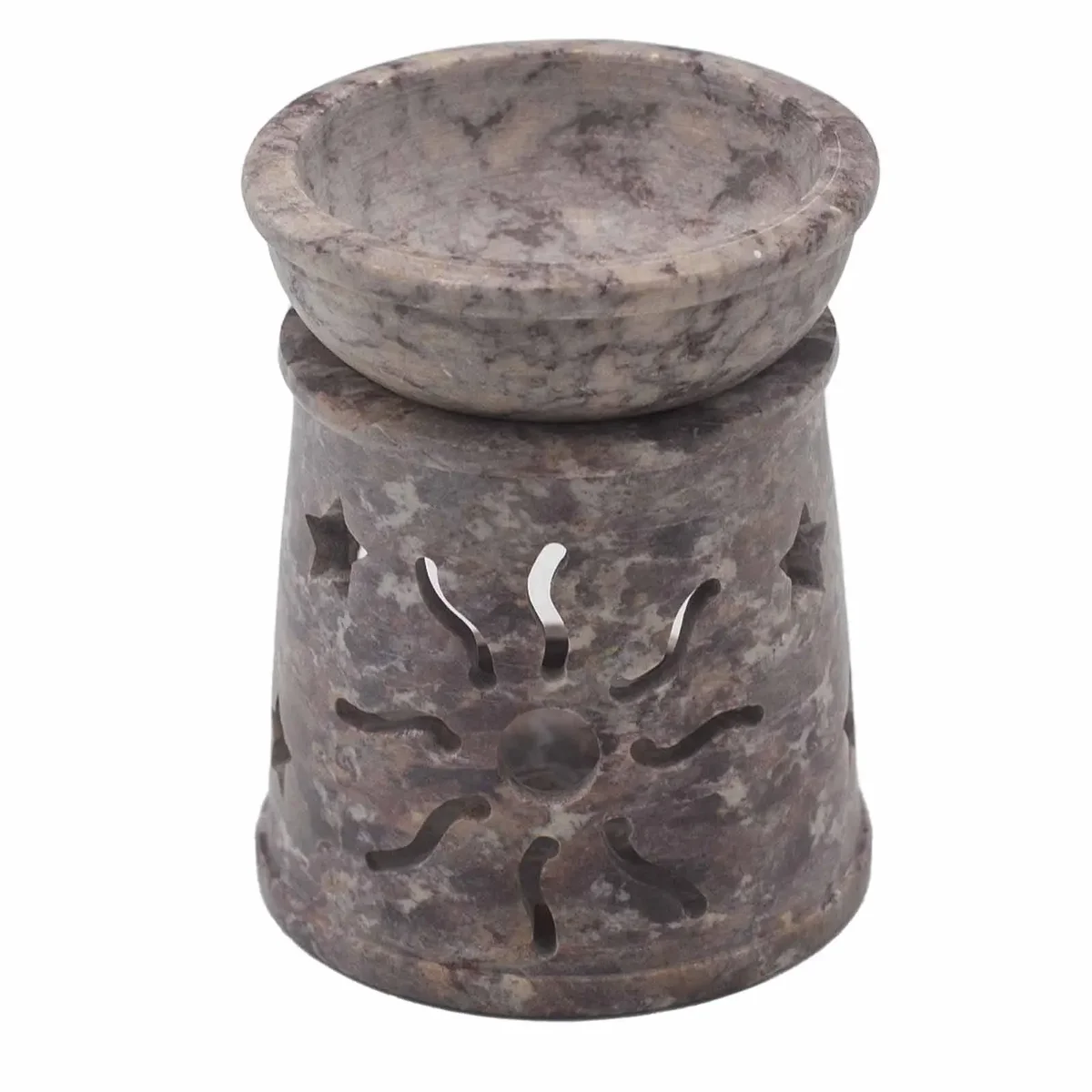 Small soapstone oil burner 8cm decorated with sun and stars design for aromatherapy use