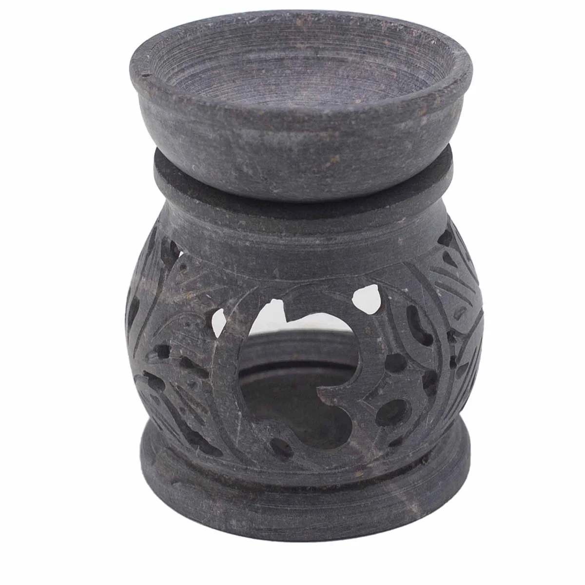 Small 8cm soapstone oil burner with Om symbol carved on the surface for aromatherapy use