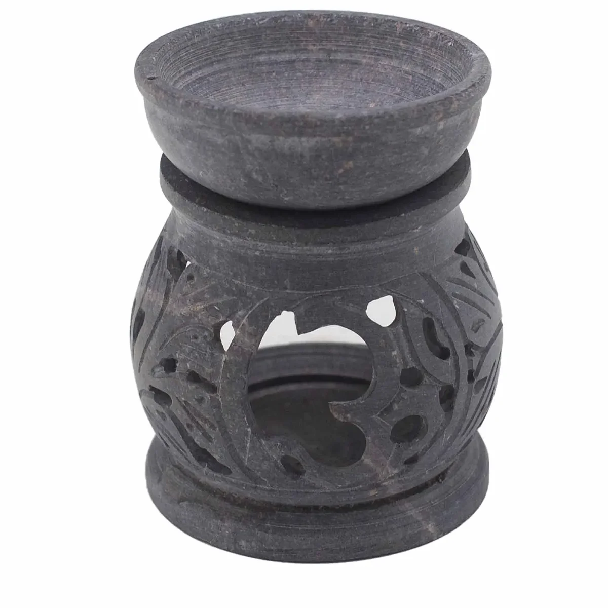 Small soapstone oil burner 8cm with Om symbol carved, used for aromatherapy and essential oils.