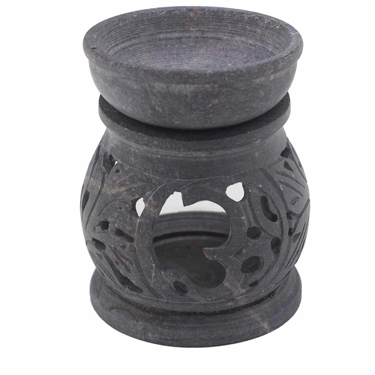 Small 8cm soapstone incense burner with Om symbol carved, designed for oil burning and aromatherapy use