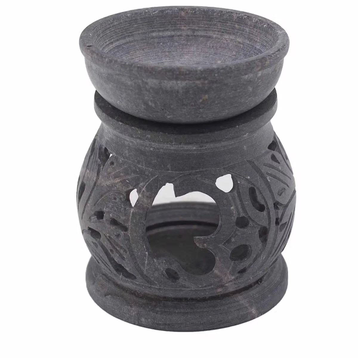 Small 8cm soapstone aromatherapy oil burner with Om symbol carved on the front, smooth natural stone finish