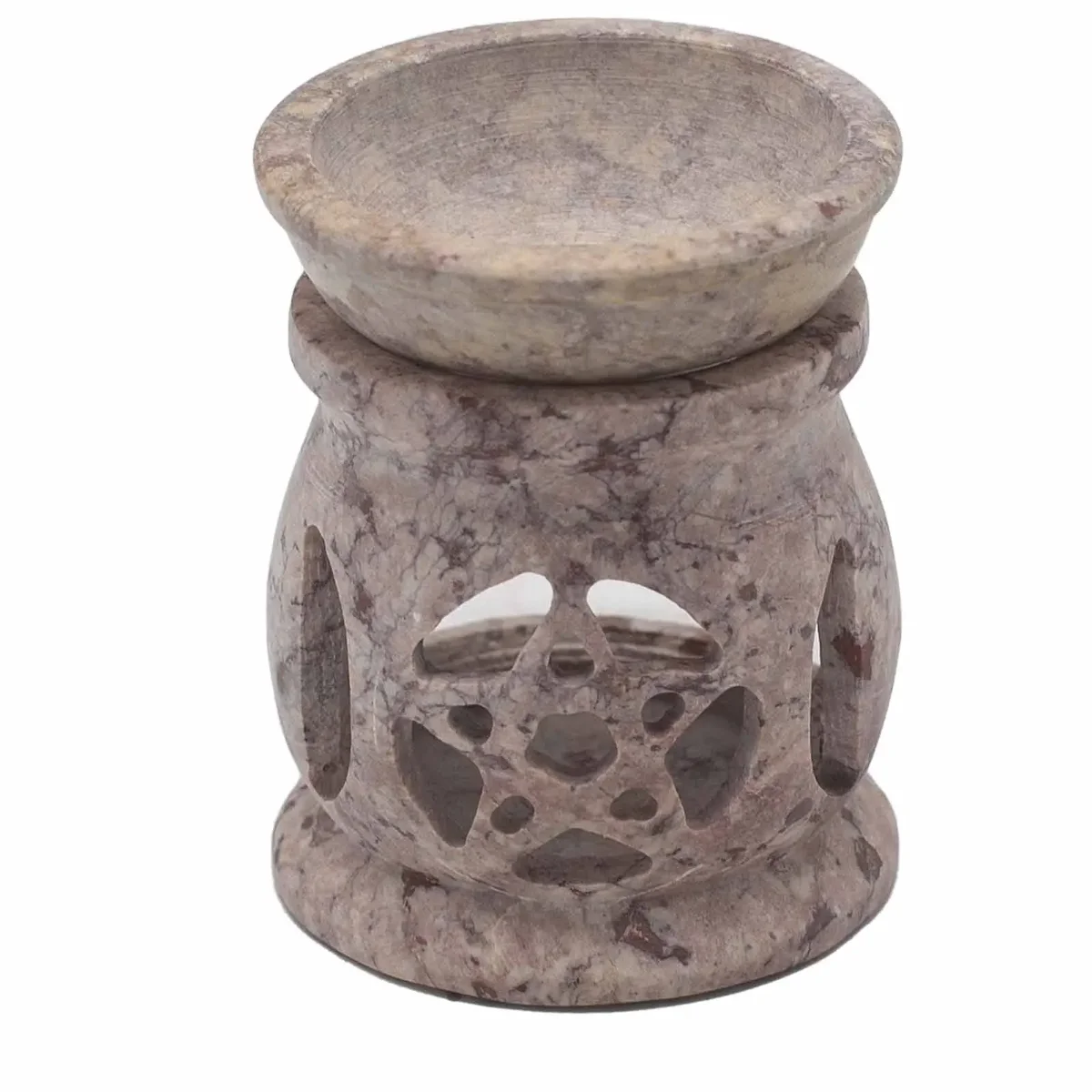 Small 8cm soapstone oil burner with three moon pentagon design for aromatherapy and essential oils