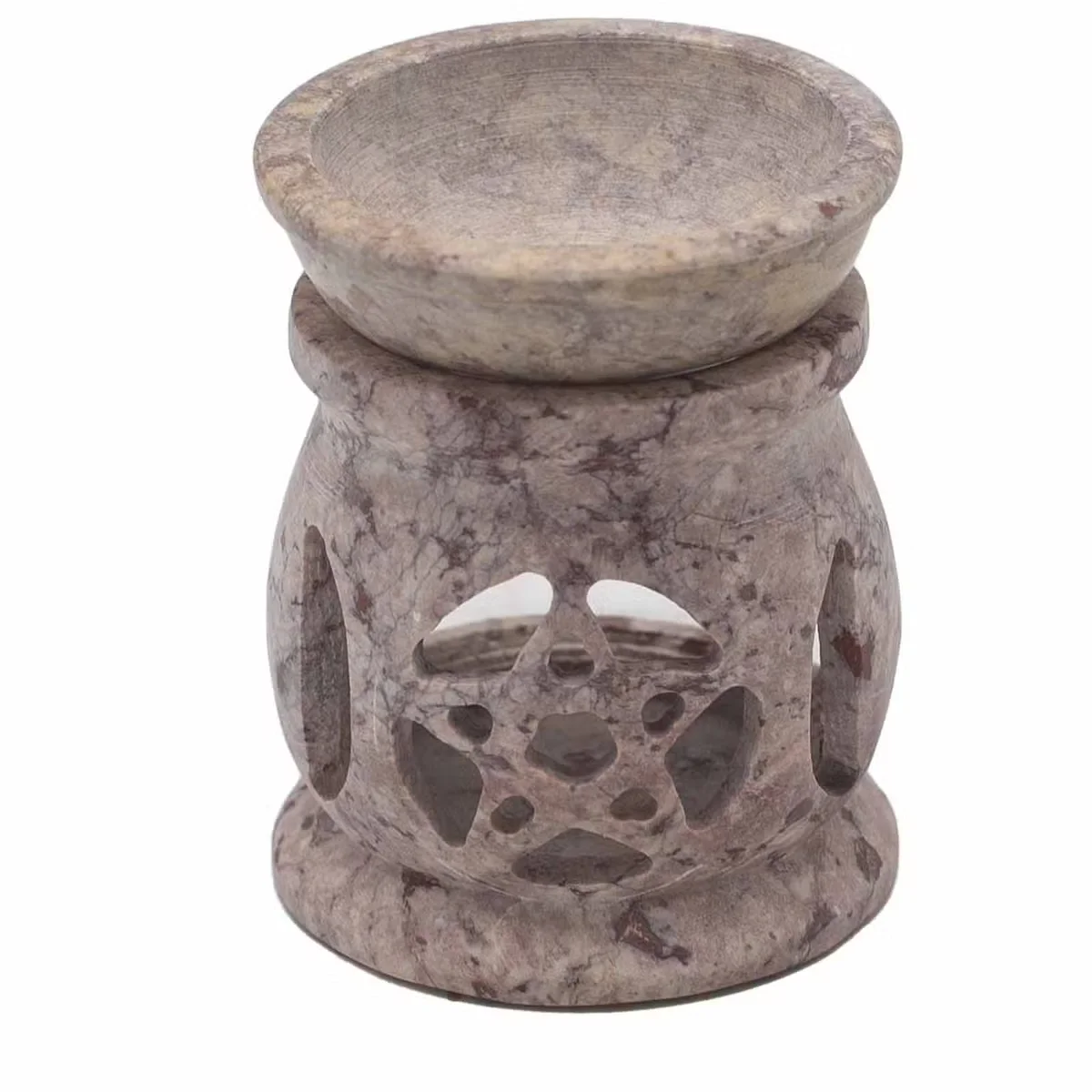 Small 8cm soapstone aromatherapy burner with three moon pentagon design, carved details visible on surface