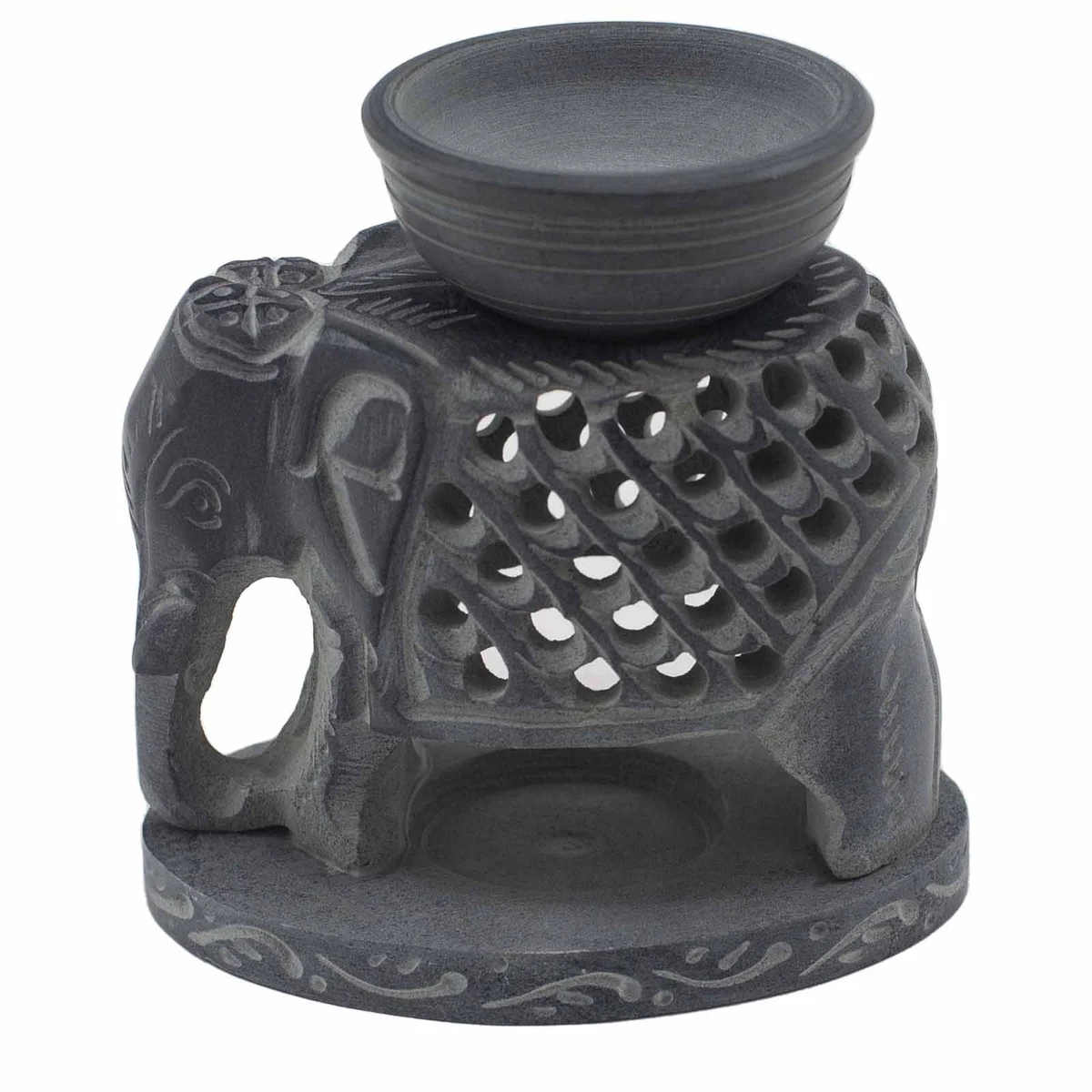 Soapstone oil burner shaped like a standing elephant, 10.5cm tall, carved from smooth soapstone