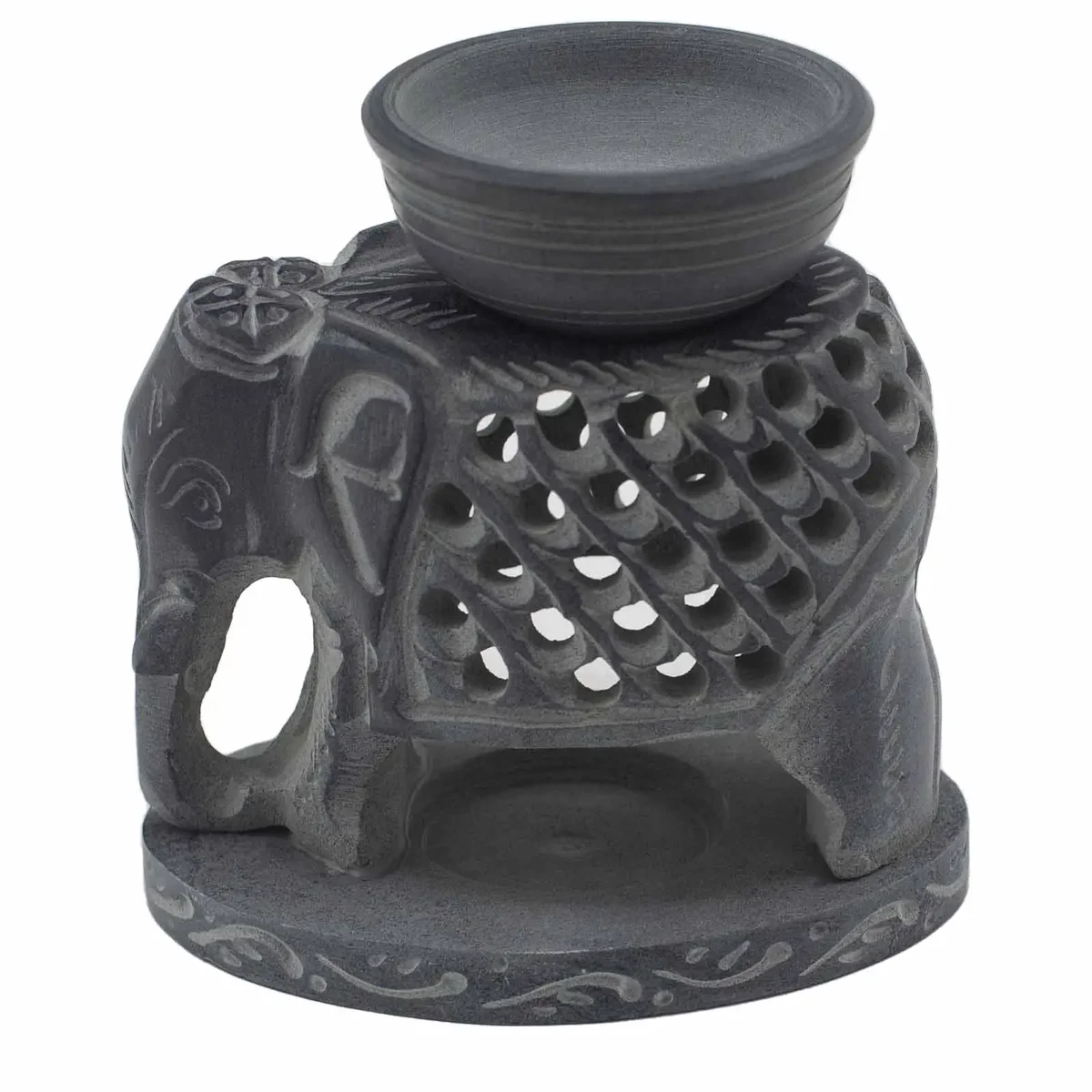 Standing elephant oil burner made of soapstone, 10.5cm tall, featuring a carved elephant design
