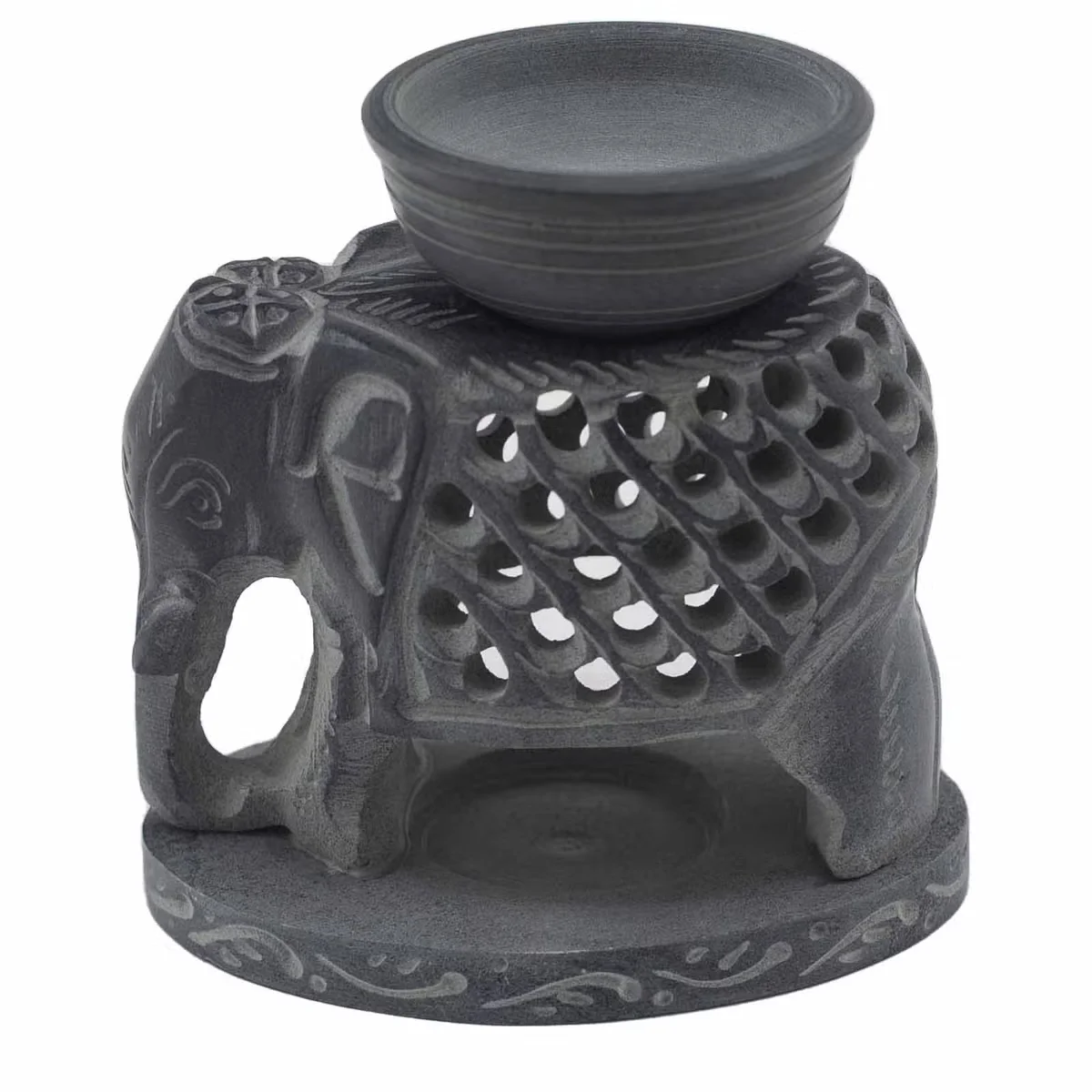 Decorative oil burner made of soapstone, 10.5cm tall, shaped like a standing elephant