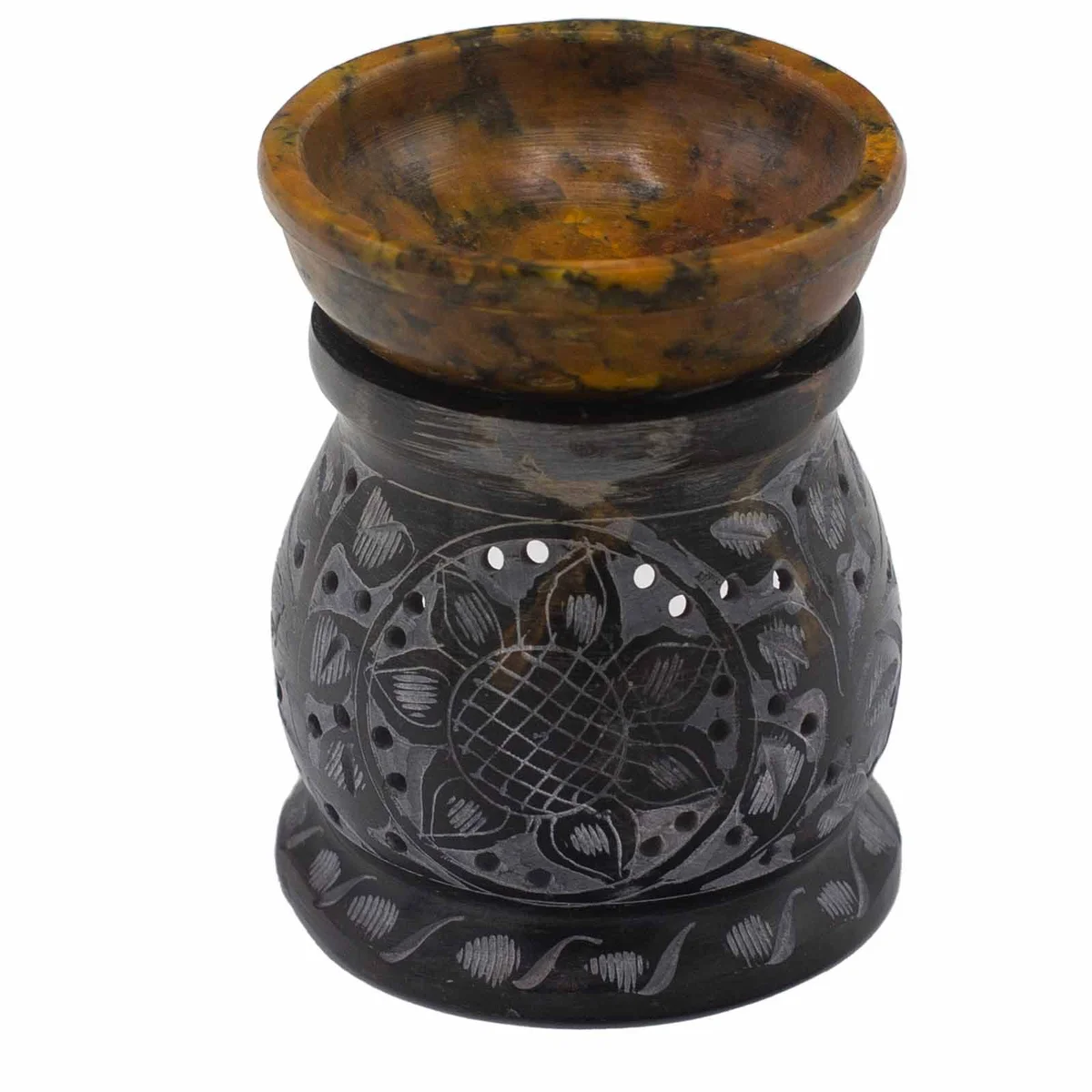 Black and yellow soapstone oil burner 10cm with mandala flower design on the front