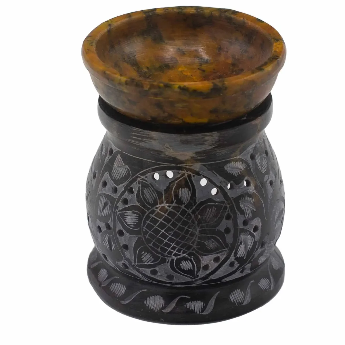 Black and yellow soapstone mandala flower oil burner, 10cm tall, with carved floral design