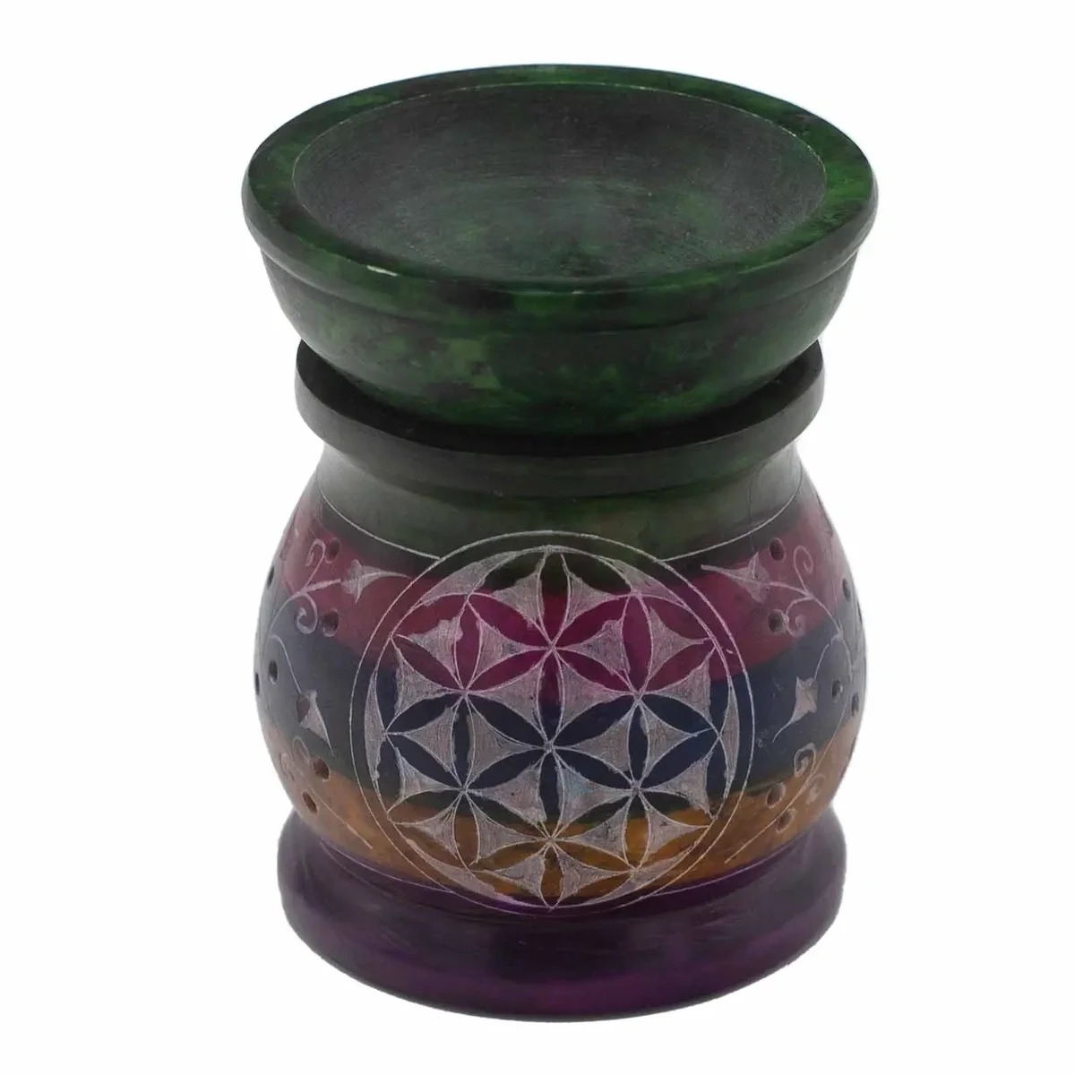 Soapstone flower of life oil burner 10cm with carved geometric design in five colours on smooth surface